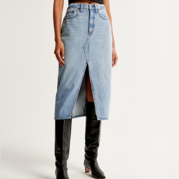 Abercrombie & Fitch High Rise Pencil Denim Midi Jeans Skirt Front Slit Sz 34/18 - Picture 1 of 6